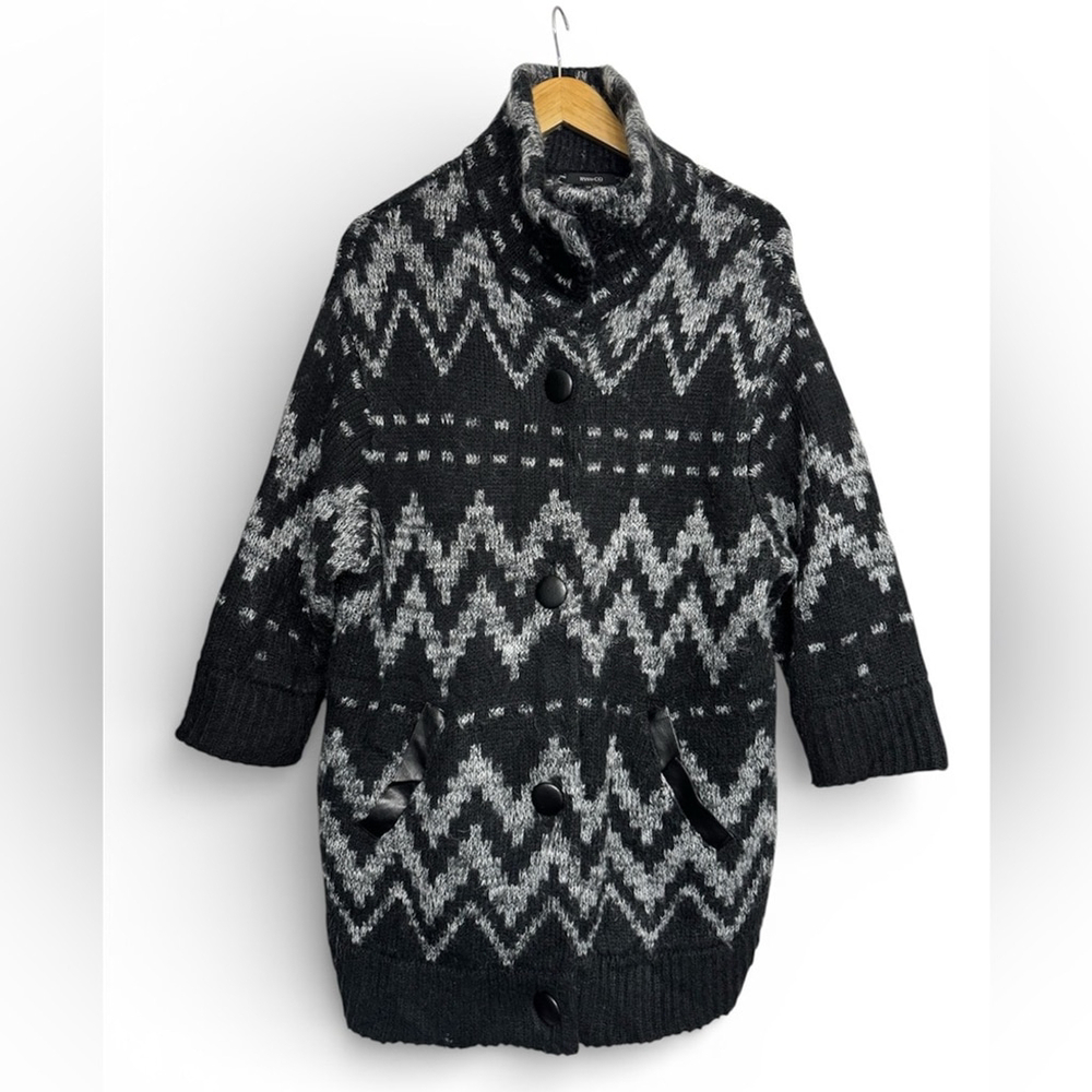 RW&Co Black & Grey Fair Isle Knit Cardigan Coat | Scandi Minimal | S